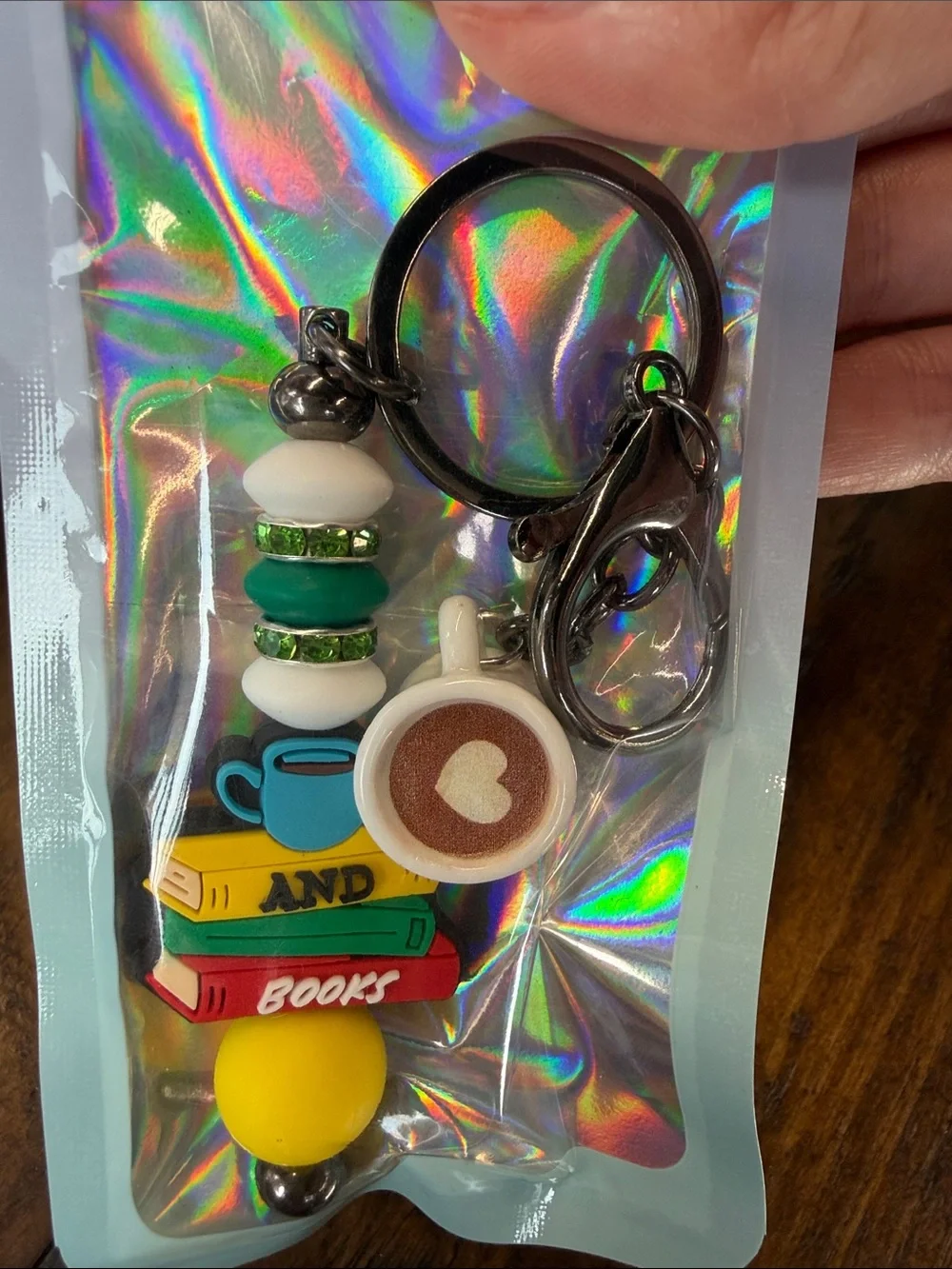 Book Lover Keychain with Coffee Charm - Multicolor